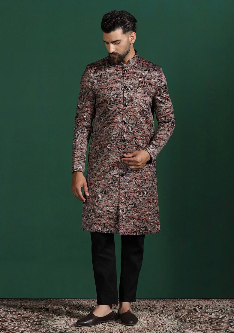 Maroon Embroidered Cotton Sherwani Set For Men