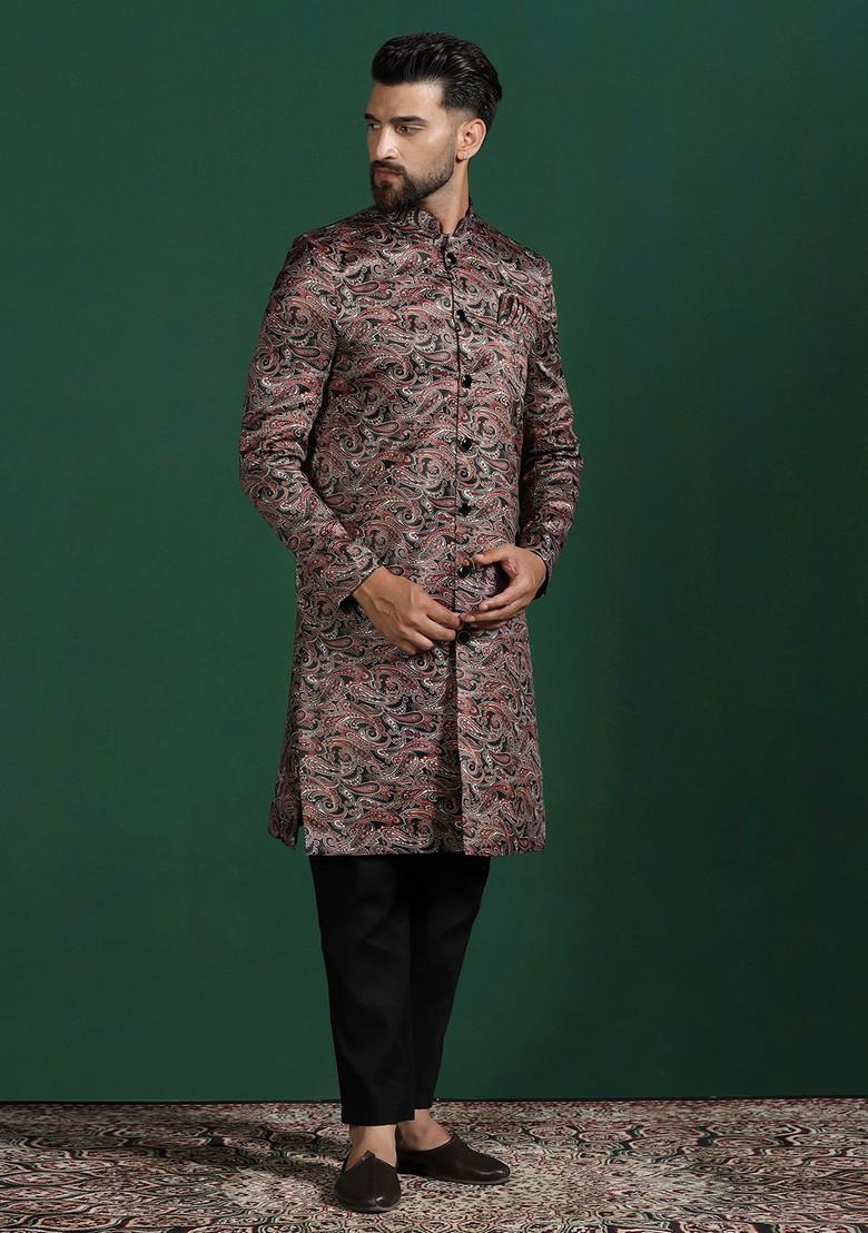 Maroon Embroidered Cotton Sherwani Set For Men