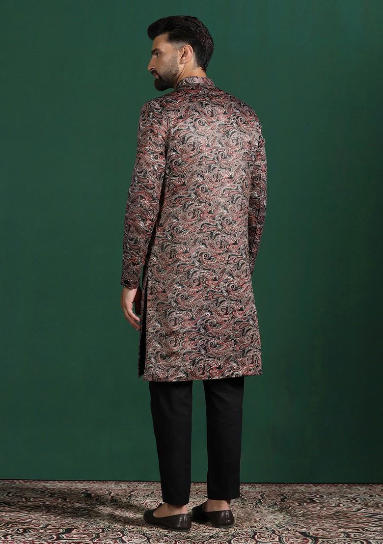 Maroon Embroidered Cotton Sherwani Set For Men