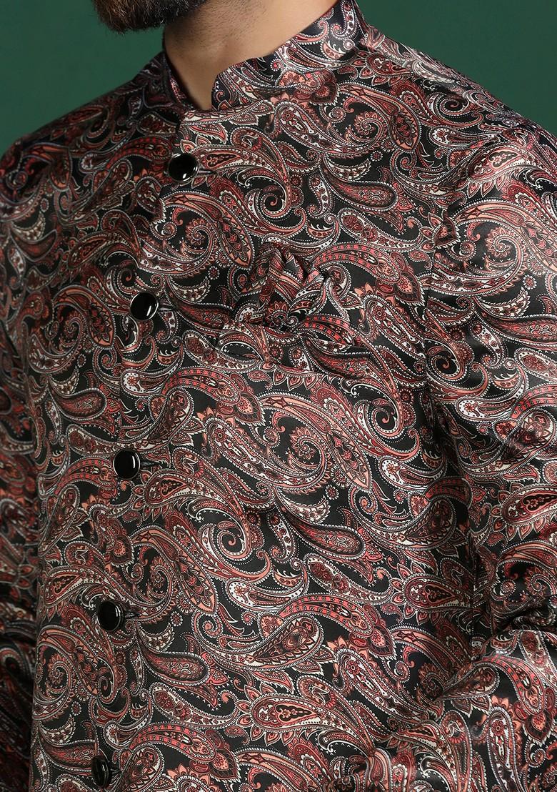 Maroon Embroidered Cotton Sherwani Set For Men