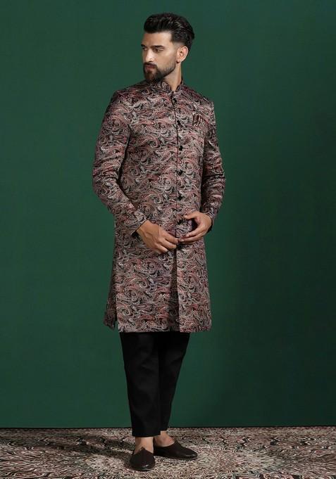 Maroon Embroidered Cotton Sherwani Set For Men