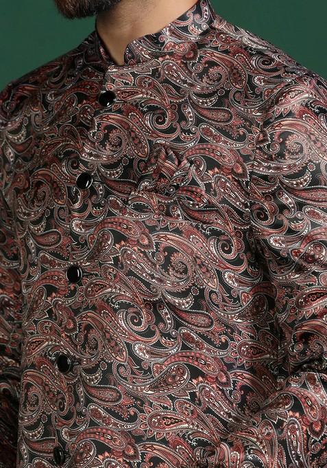 Maroon Embroidered Cotton Sherwani Set For Men