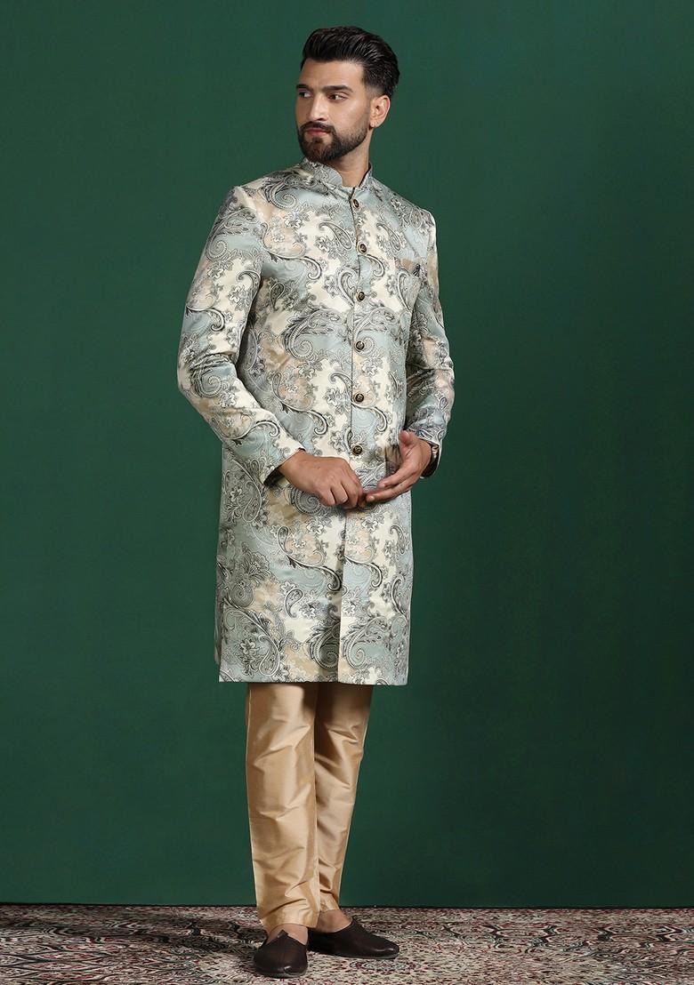 Beige Embroidered Cotton Sherwani Set For Men