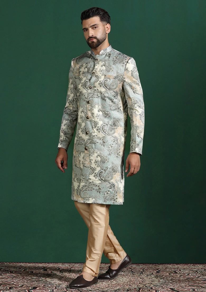 Beige Embroidered Cotton Sherwani Set For Men