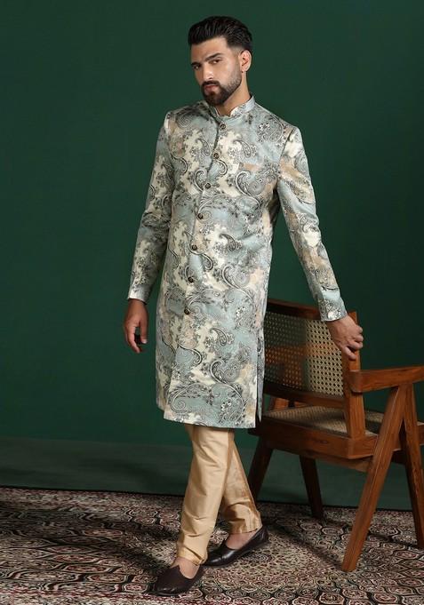 Beige Embroidered Cotton Sherwani Set For Men