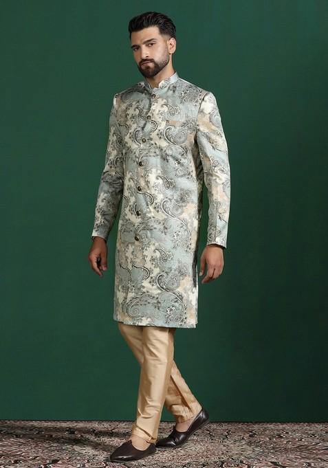Beige Embroidered Cotton Sherwani Set For Men