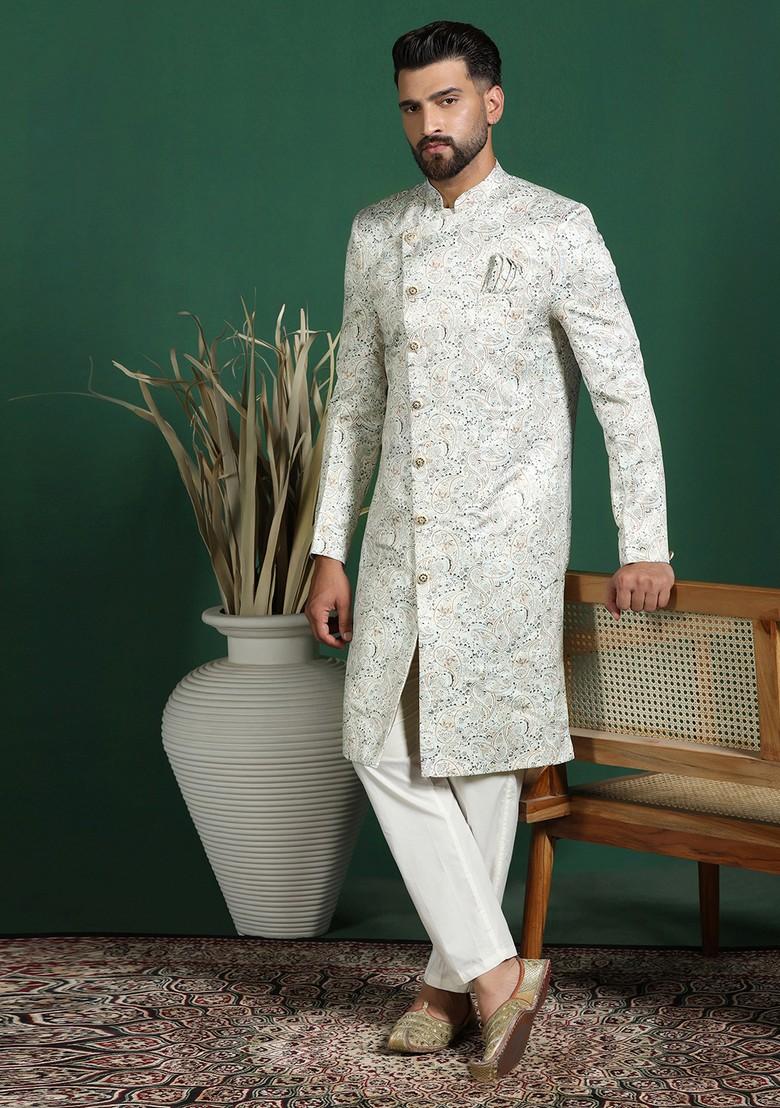 Off White Embroidered Cotton Sherwani Set For Men