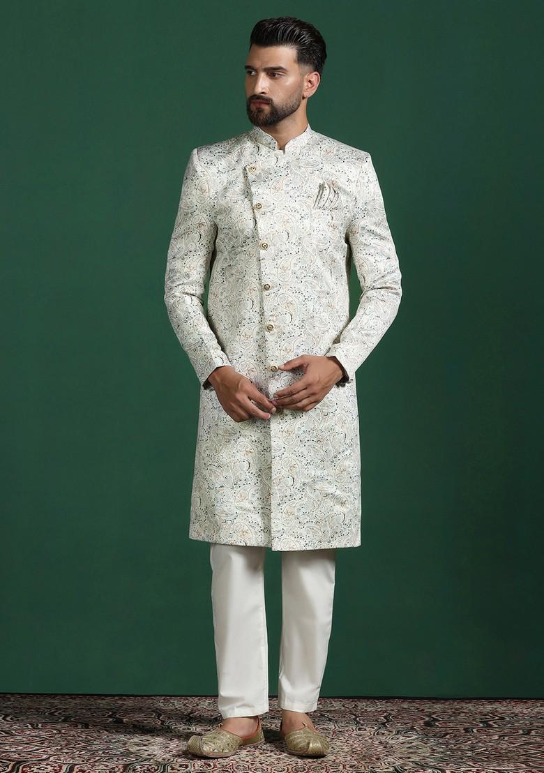 Off White Embroidered Cotton Sherwani Set For Men