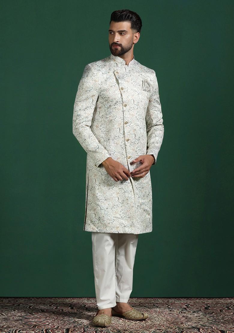 Off White Embroidered Cotton Sherwani Set For Men