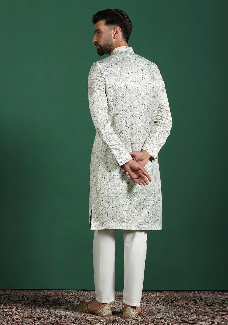 Off White Embroidered Cotton Sherwani Set For Men