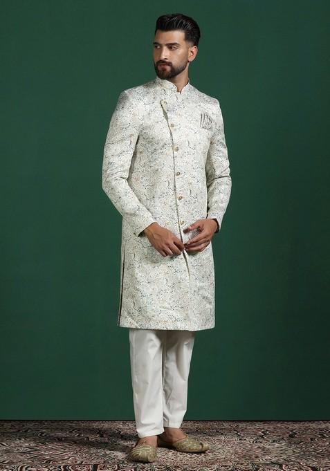 Off White Embroidered Cotton Sherwani Set For Men