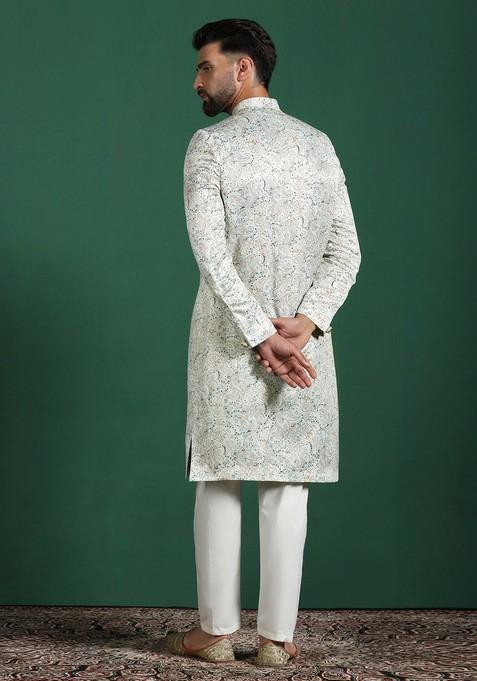 Off White Embroidered Cotton Sherwani Set For Men