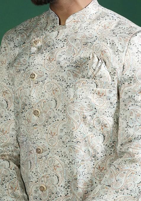 Off White Embroidered Cotton Sherwani Set For Men