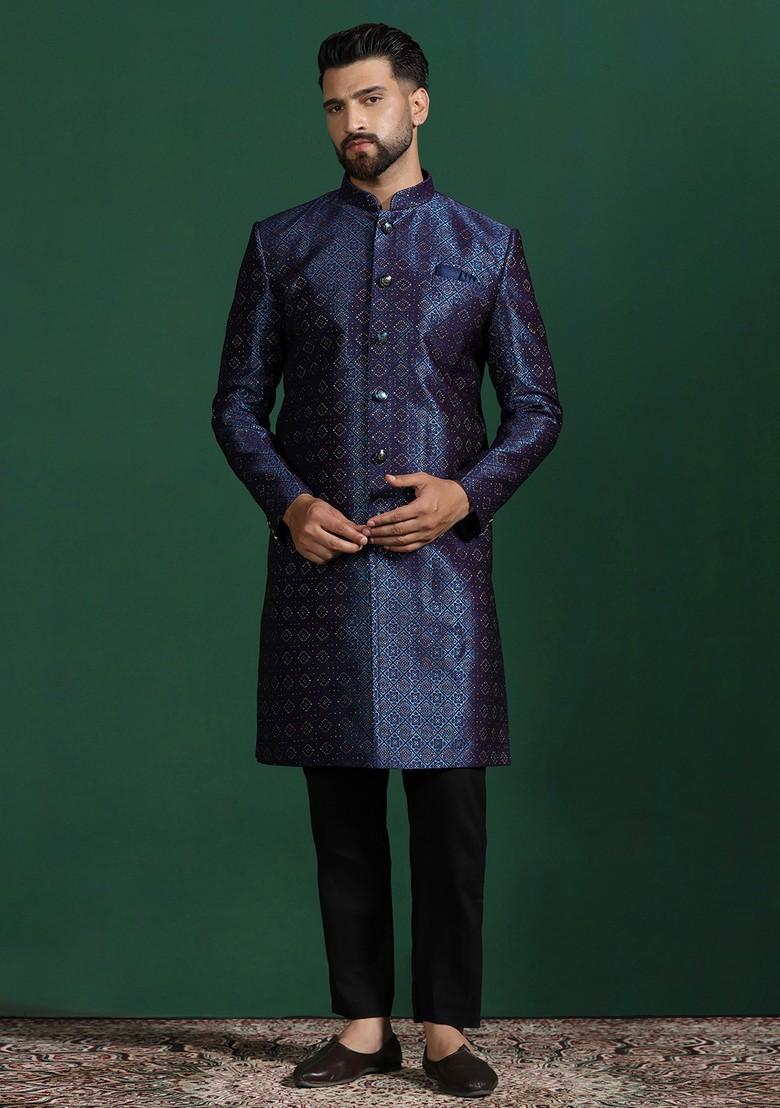 Navy Blue Embroidered Jacquard Sherwani Set For Men