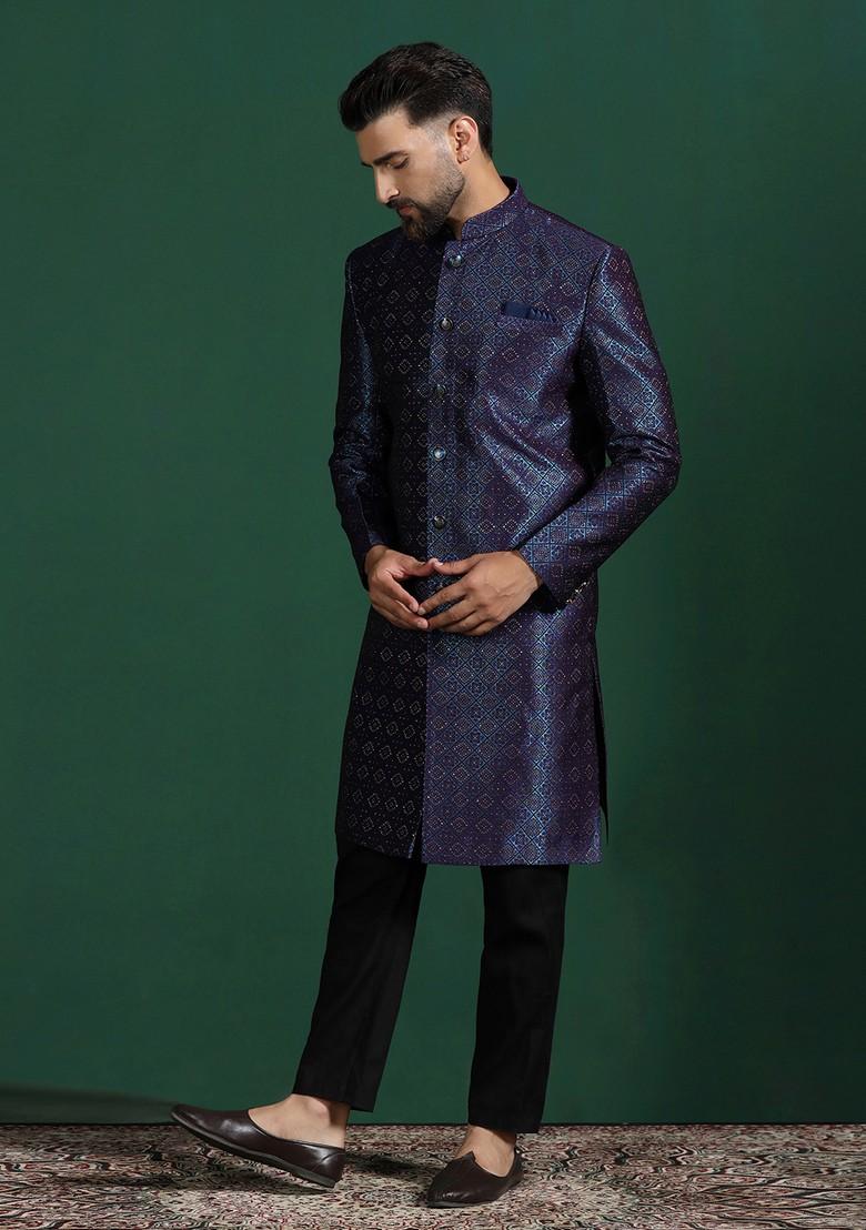 Navy Blue Embroidered Jacquard Sherwani Set For Men