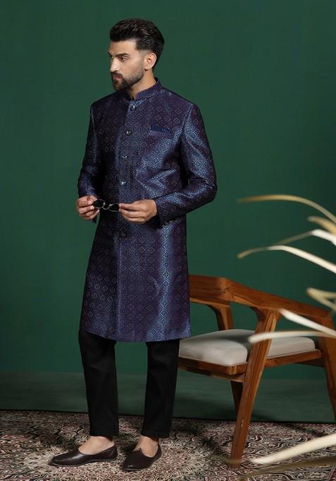Navy Blue Embroidered Jacquard Sherwani Set For Men