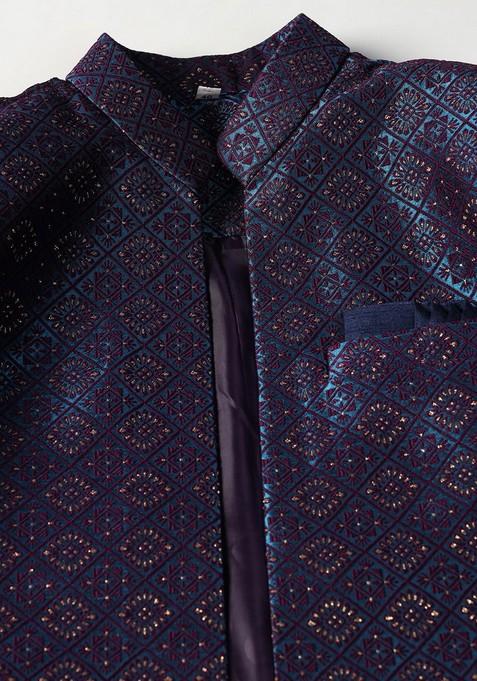 Navy Blue Embroidered Jacquard Sherwani Set For Men