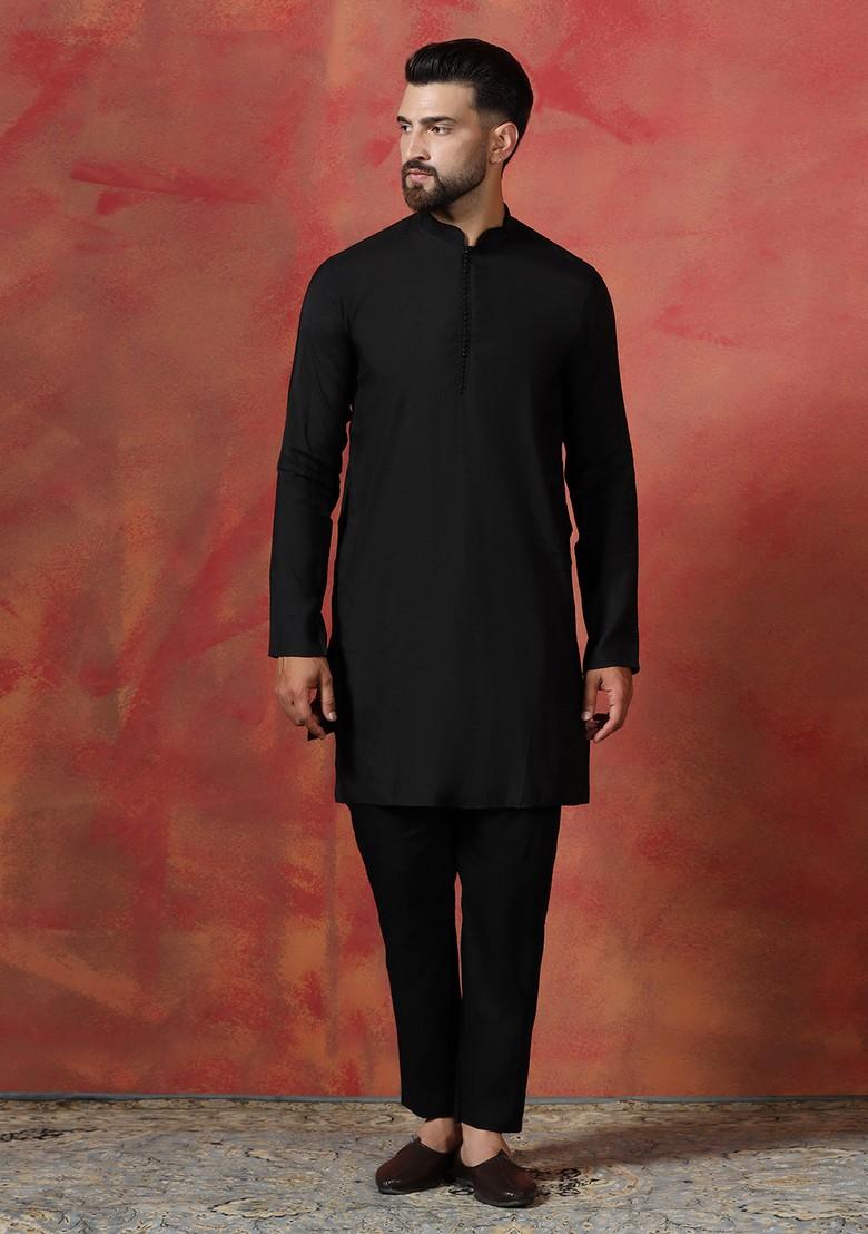 Navy Blue Embroidered Jacquard Sherwani Set For Men
