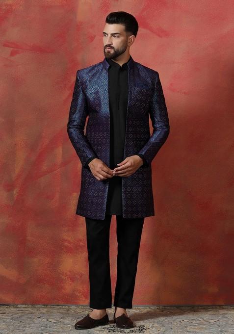 Navy Blue Embroidered Jacquard Sherwani Set For Men