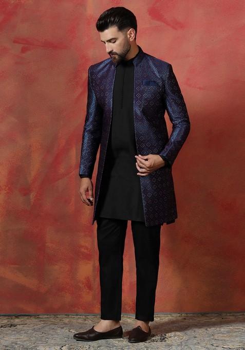 Navy Blue Embroidered Jacquard Sherwani Set For Men