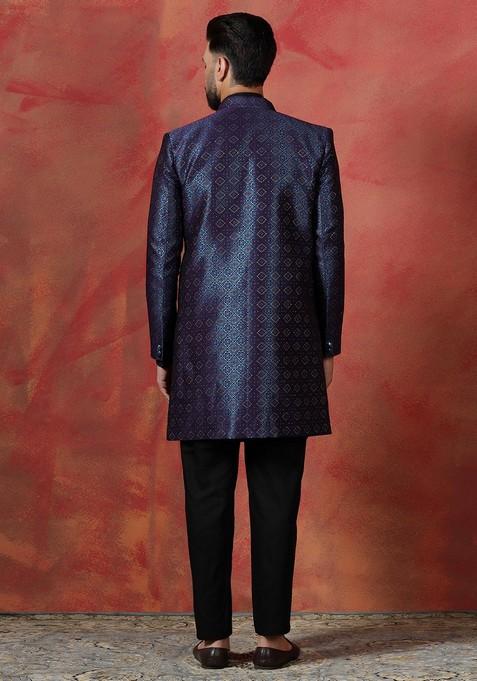 Navy Blue Embroidered Jacquard Sherwani Set For Men