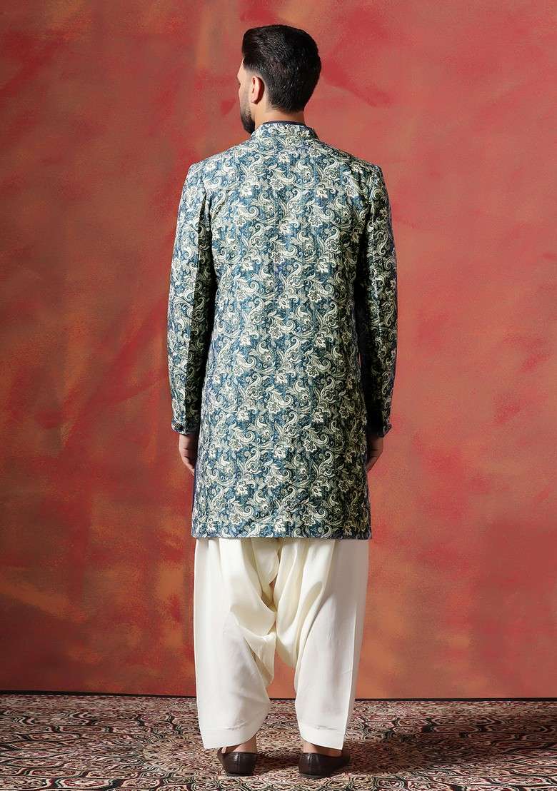 Blue Embroidered Cotton Sherwani Set For Men - Indya
