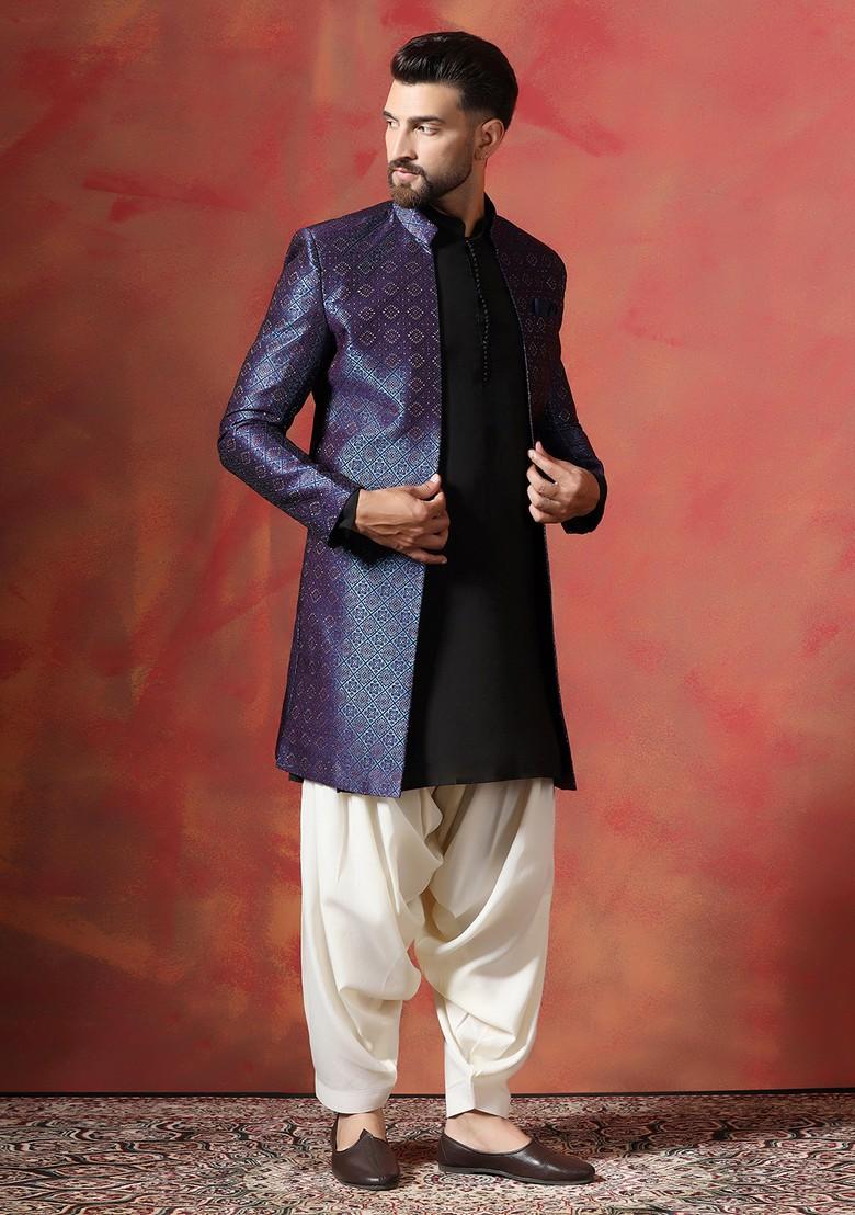 Navy Blue Embroidered Jacquard Sherwani Set For Men