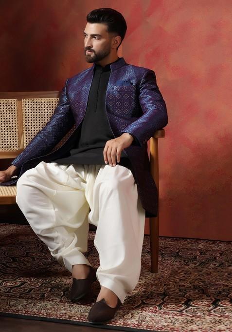 Navy Blue Embroidered Jacquard Sherwani Set For Men