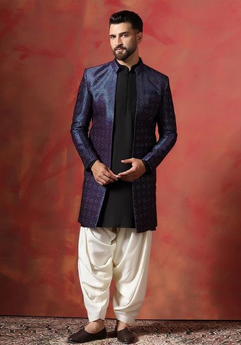 Navy Blue Embroidered Jacquard Sherwani Set For Men