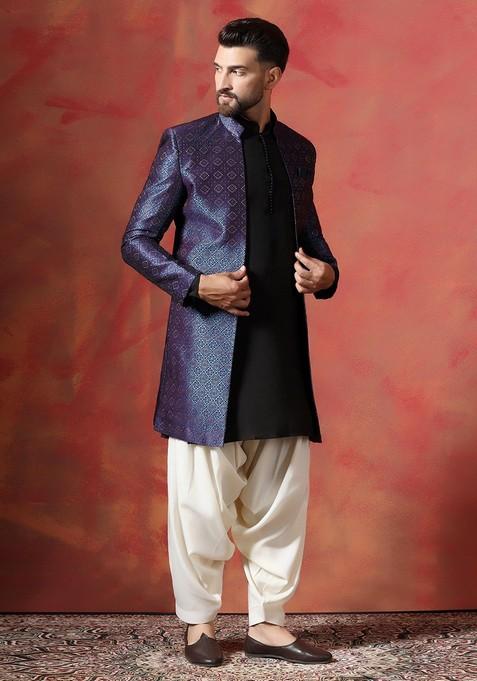 Navy Blue Embroidered Jacquard Sherwani Set For Men