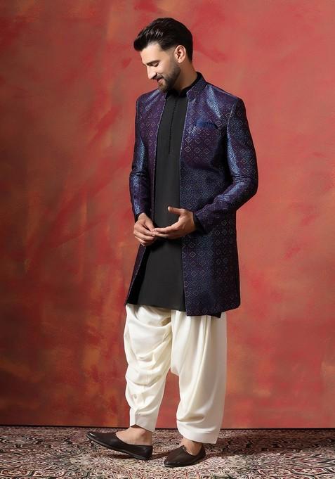 Navy Blue Embroidered Jacquard Sherwani Set For Men