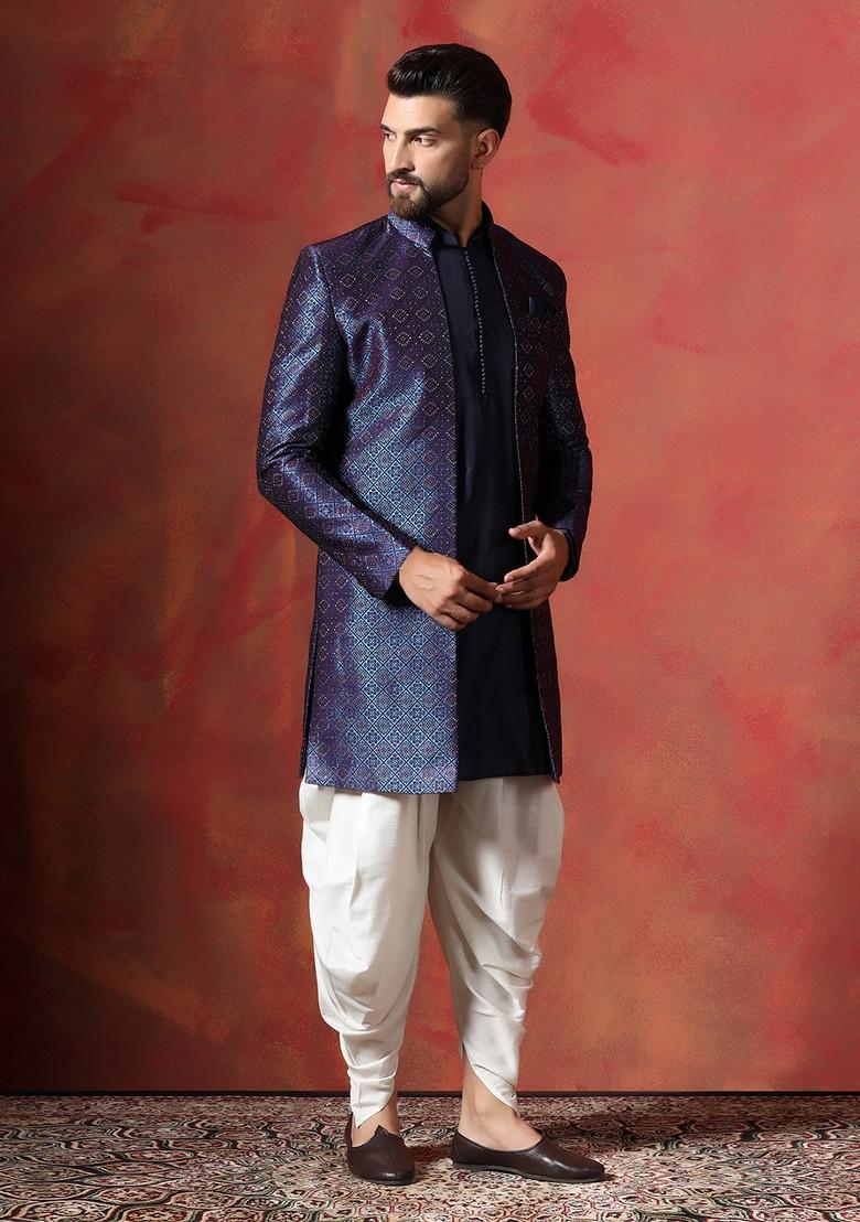 Navy Blue Embroidered Jacquard Sherwani Set For Men