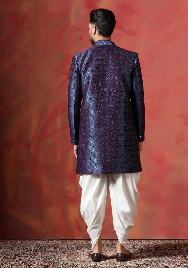 Navy Blue Embroidered Jacquard Sherwani Set For Men