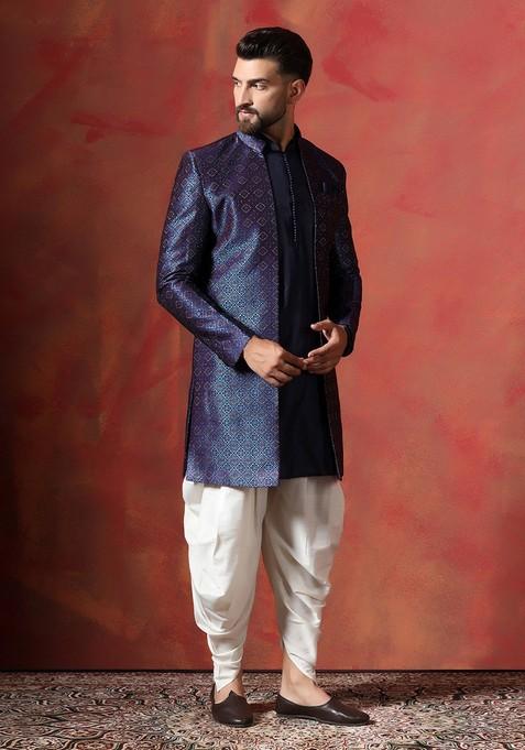 Navy Blue Embroidered Jacquard Sherwani Set For Men