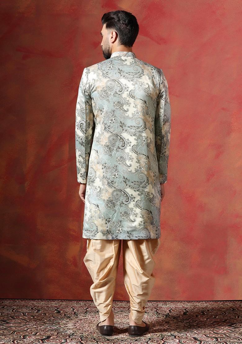 Beige Embroidered Cotton Sherwani Set For Men