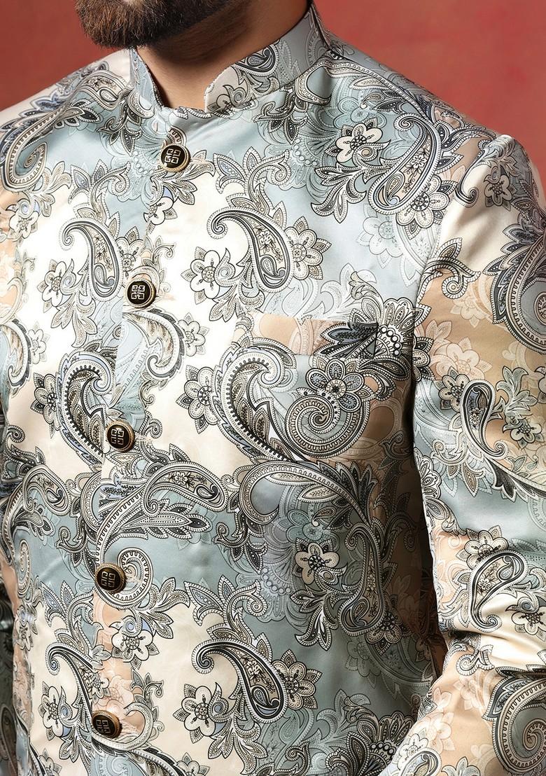 Beige Embroidered Cotton Sherwani Set For Men