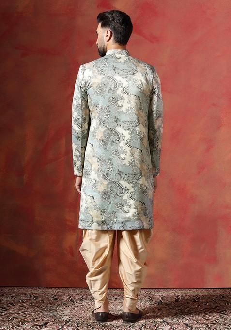 Beige Embroidered Cotton Sherwani Set For Men