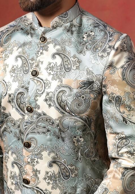 Beige Embroidered Cotton Sherwani Set For Men