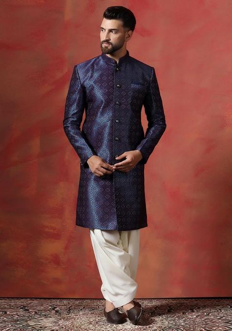 Navy Blue Embroidered Jacquard Sherwani Set For Men