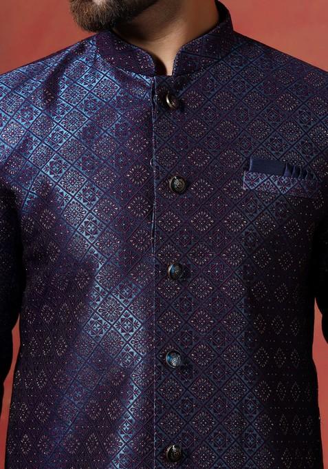 Navy Blue Embroidered Jacquard Sherwani Set For Men