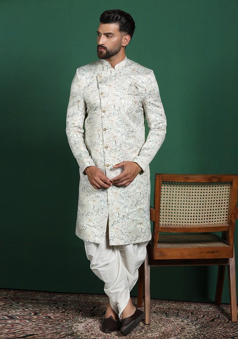 Off White Embroidered Cotton Sherwani Set For Men