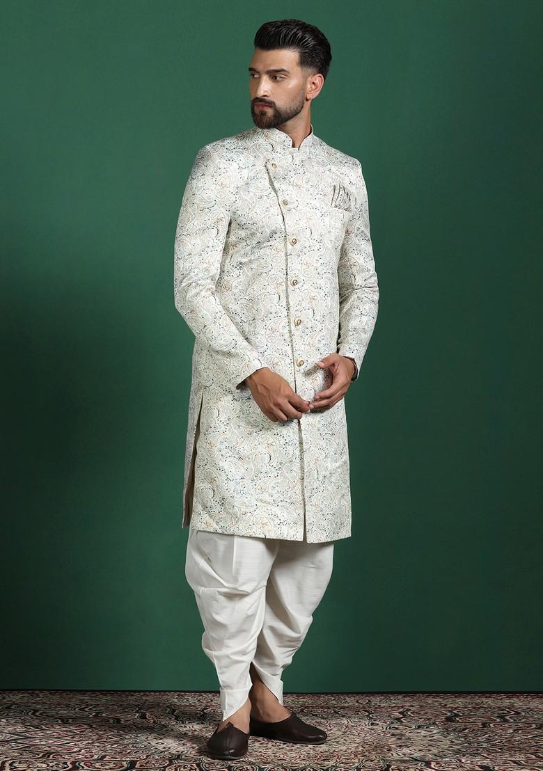 Off White Embroidered Cotton Sherwani Set For Men