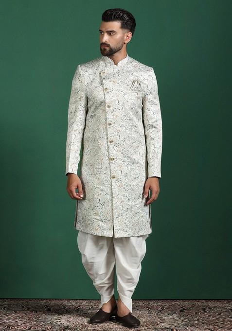 Off White Embroidered Cotton Sherwani Set For Men