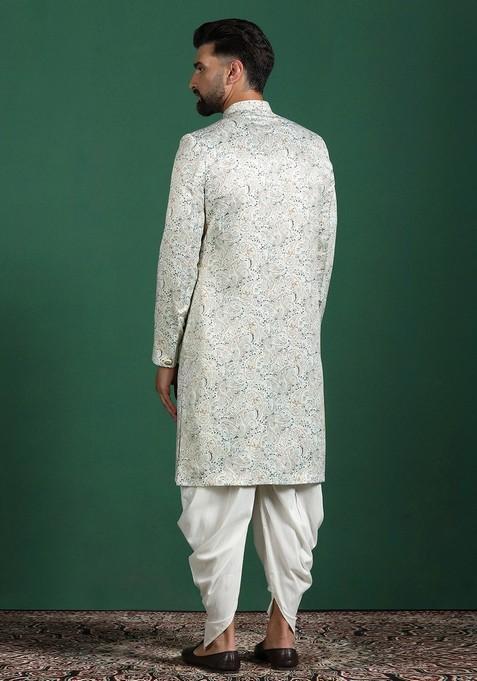 Off White Embroidered Cotton Sherwani Set For Men