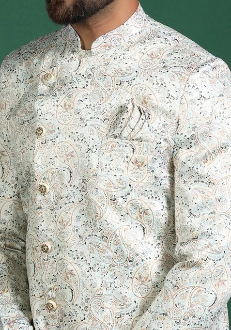 Off White Embroidered Cotton Sherwani Set For Men