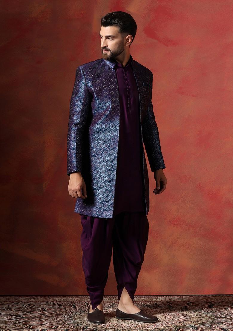 Navy Blue Embroidered Jacquard Sherwani Set For Men