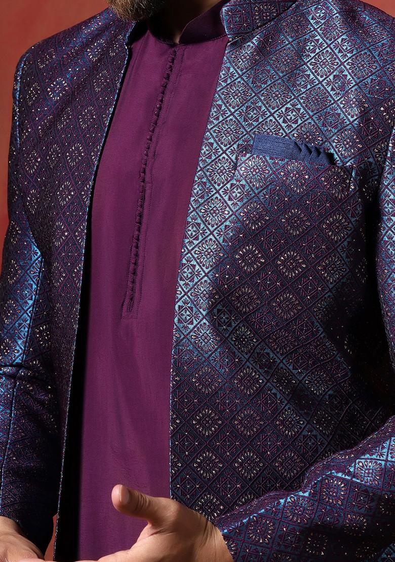 Navy Blue Embroidered Jacquard Sherwani Set For Men