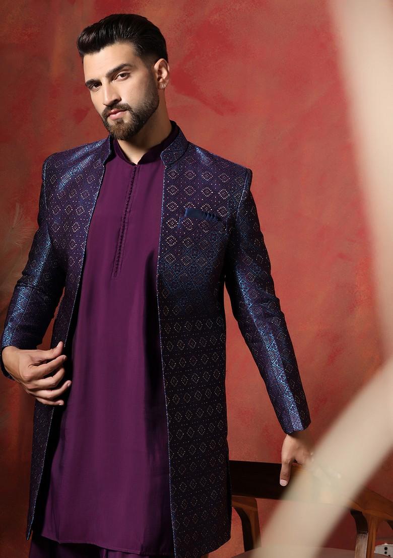 Navy Blue Embroidered Jacquard Sherwani Set For Men