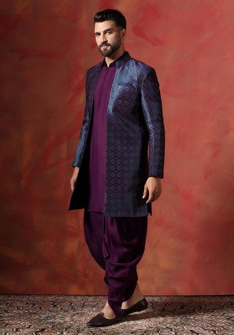 Navy Blue Embroidered Jacquard Sherwani Set For Men