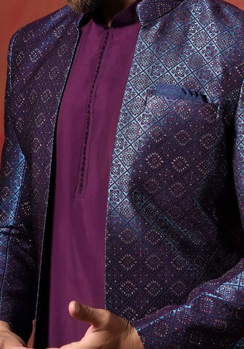 Navy Blue Embroidered Jacquard Sherwani Set For Men